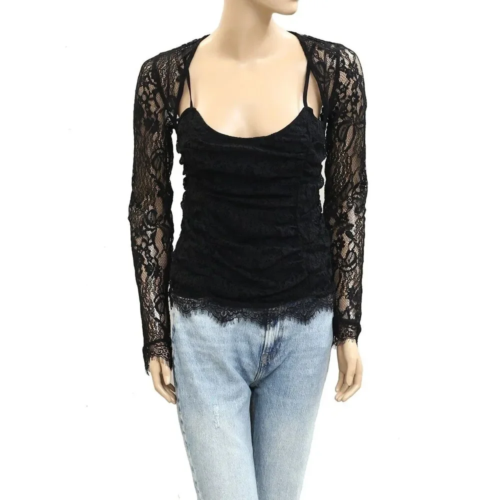 Free People Paloma Lace Blouse Top Long Sleeve Ruched Sheer Black S 282135